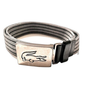 Lacoste Men’s Woven Belt – Grey & Black Stripes, Adjustable Fit Size Large